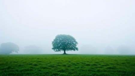 a lonely tree on the meadow in the misty morning, germanyの素材