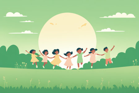 Group of happy children running in the park. Vector illustration in flat styleの素材