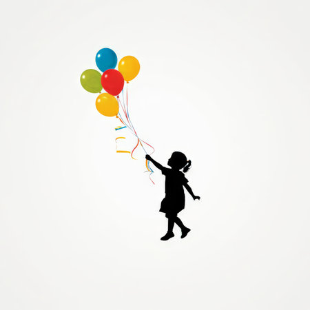 silhouette of a girl with colored balloons on a white backgroundの素材