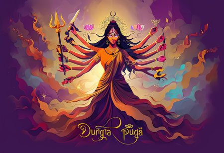 goddess of goddess of indian woman with lotus and goddess navratri of navratri, vector illustrationの素材