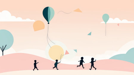 Chasing the Rainbow Balloons: A Playful Journey Across a Pastel-Covered Hilltopの素材