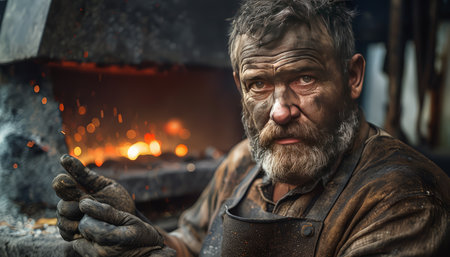 portrait of a handsome old worker in the industrial factoryの素材