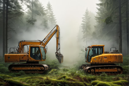 two yellow and orange excavator in the mountains in the autumn forest. the concept of the construction of two - dimensional mining, mining industry andの素材