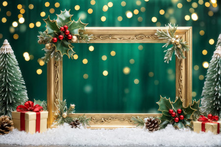 Christmas background with golden frame, gift box and holly branches on snowの素材
