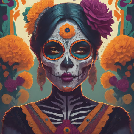 A stylized portrait of a woman with skull-like makeup and vibrant flowers in her hair.の素材