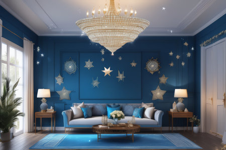 modern interior design in blue color with classic blue sofa and classic blue classic wall, 3d illustrationの素材