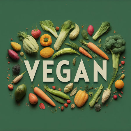 vegan word made of vegetables on dark background with green leaves and letters.の素材