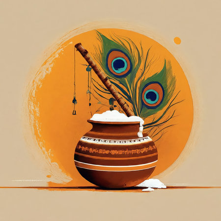 A vibrant illustration of a flute and peacock feathers emerging from an ornate clay pot against an orange backdrop.の素材