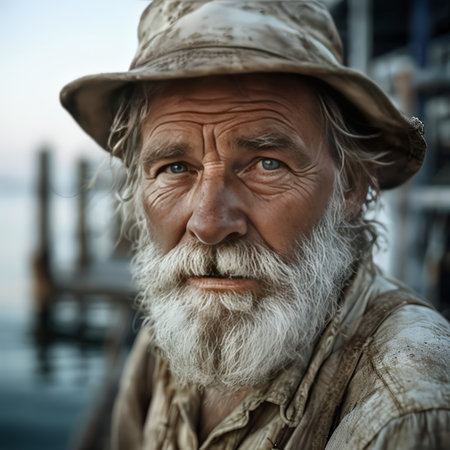 portrait of senior man in hat and beard posing in the camera at sunrise, original photosetの素材