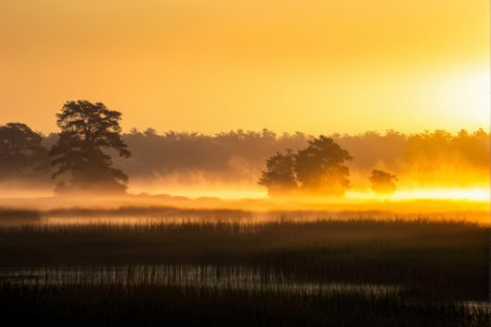 sunrise over the river, the sunrise over the river, the morning mist. the river is covered with trees and bushes.の素材