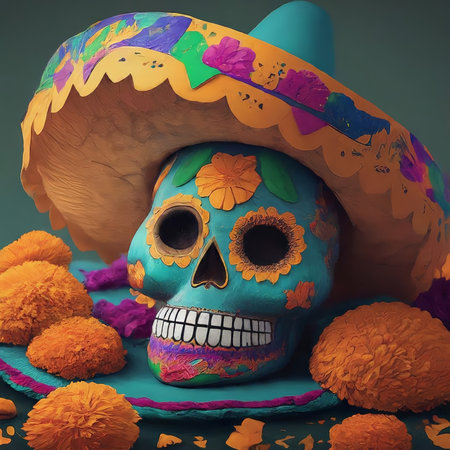 illustration of the mexican flag background with skull, mexican hat and skull.の素材
