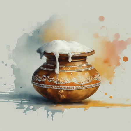 A ceramic pot with intricate designs filled to the brim with white liquid, possibly milk or cream, against a backdrop of soft watercolor splashes in warm tones.の素材