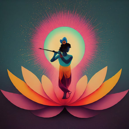 A vibrant illustration of a figure playing the flute amidst colorful petals and radiant light.の素材