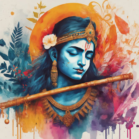 A digital painting of a serene deity with closed eyes playing the flute.の素材