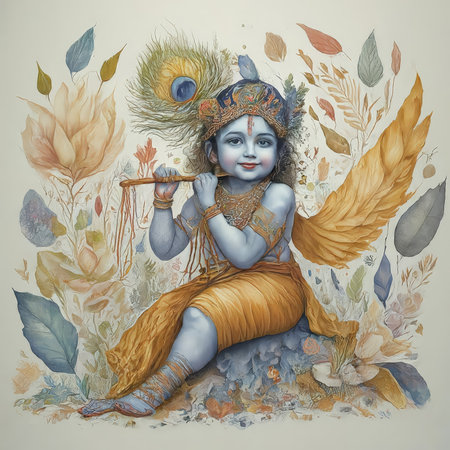 Beautiful krishna in a wreath of autumn leaves and feathers.の素材