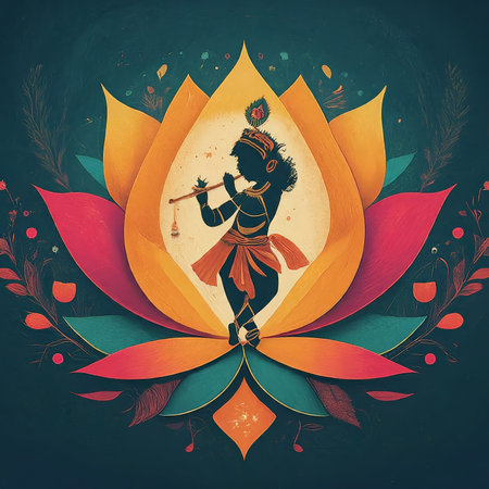A stylized illustration of a figure playing the flute amidst vibrant floral elements.の素材