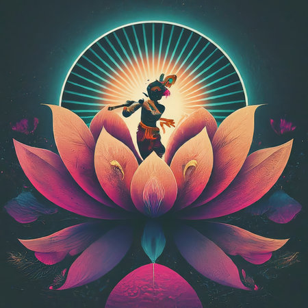 A digital illustration of a figure dancing on a large pink and purple lotus flower under a radiant halo.の素材