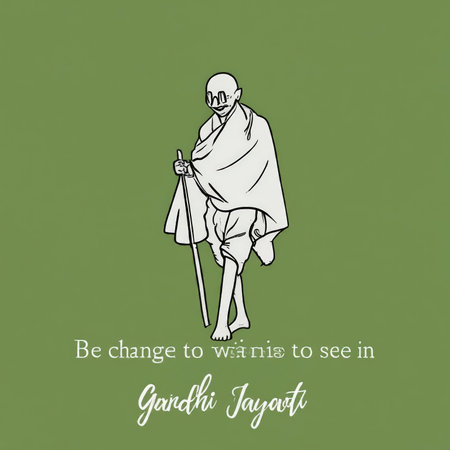 A minimalist illustration of Mahatma Gandhi with a green background and white text.の素材