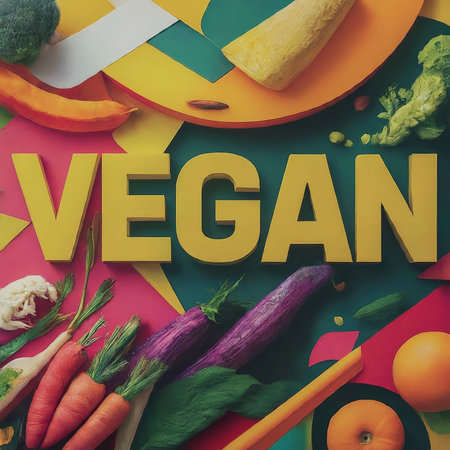 vegan text on green background. healthy vegan food.の素材