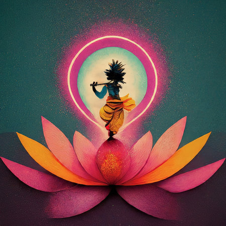 A vibrant illustration of a figure resembling Lord Krishna playing the flute amidst colorful petals and cosmic elements.の素材