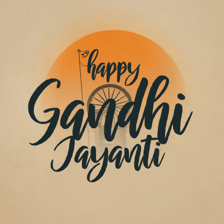 A graphic illustration celebrating Gandhi Jayanti with a sun and chakra in the background.の素材