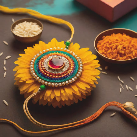 A vibrant Rangoli decoration with a sunflower centerpiece and accompanying bowls of rice grains on a dark surface.の素材