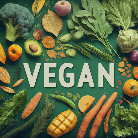 top view of different organic food and vegetables on green background, vegan food concept, flat layの素材