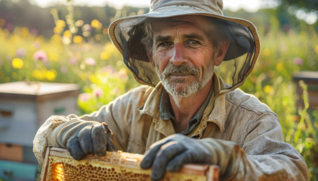 beekeeper holding frame with bees in the apiary. beekeeper working in a fieldの素材
