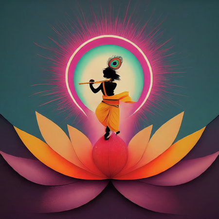 A stylized depiction of a figure playing the flute on top of a vibrant lotus flower against a cosmic backdrop.の素材