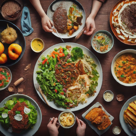 top view of various indian food and snacks on the tableの素材