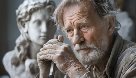 senior man in white coat with a brush and a beard on the head.の素材