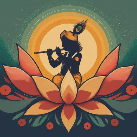 A stylized illustration of a figure playing the flute on top of a blooming lotus flower.の素材