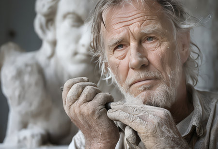 senior man sitting in studio with sculptureの素材