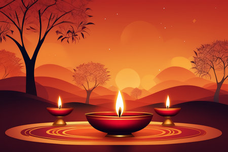 A serene evening scene with lit oil lamps on a hillside during sunset.の素材