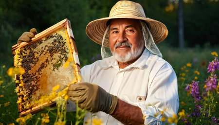 beekeeper with honeycomb and honey. beekeeper working in a beehiveの素材
