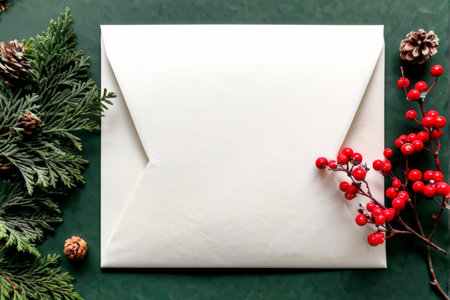 Christmas background with envelope, pine cones and holly berries on green backgroundの素材
