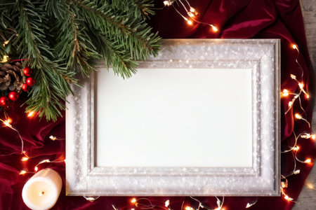 Christmas background with frame, candles and fir branches on a wooden tableの素材