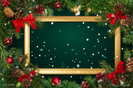 Green Enchantment: A Majestic Golden Framed Board Adorned with Pine Branches, Red Ribbons, Ornaments, and Conesの素材
