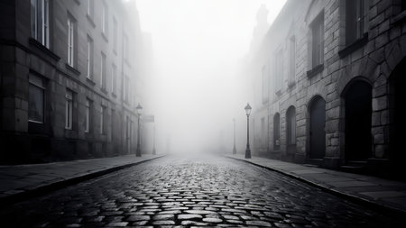 A misty cobblestone street with old buildings and lampposts in a monochromatic setting.の素材