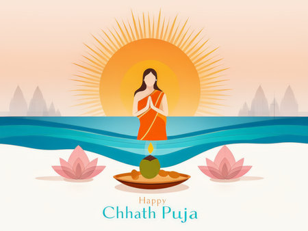 A digital illustration celebrating Chhath Puja with a woman in orange prayer pose and ritualistic items.の素材
