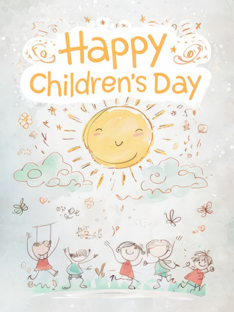Happy children's day. Cute hand drawn kids with sun and cloudsの素材