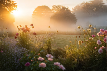 A serene sunrise over a misty meadow with blooming flowers in the foreground.の素材