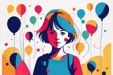 Vibrant Whimsy: A Colorful Balloon Illustration of the Daydreaming Young Girlの素材