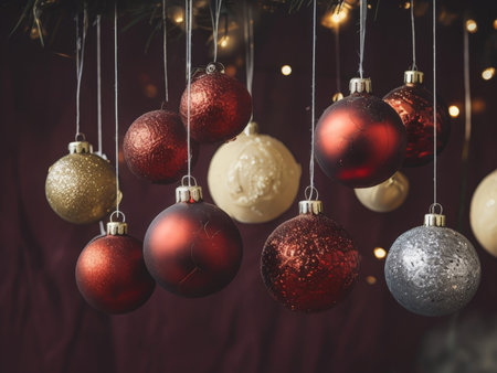 Radiant Holiday Ornament Collection: Variegated Colors Against Dark Red Backdrop Illuminate Textured Snowflakes Hanging White Ropes in Soft Glowing Lightsの素材