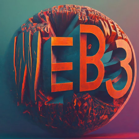 A stylized digital artwork featuring the text 'WEB3' in bold red letters with a metallic texture. The background is an abstract representation of a globe or sphere with fragmented layers and vibrant colors transitioning from blue to pink.の素材