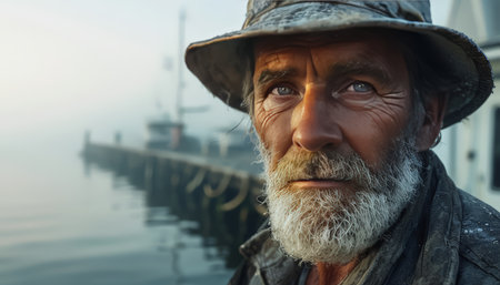 portrait of an elderly bearded fisherman with fishing cap on the sea coast.の素材