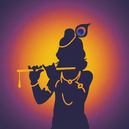 A silhouette of a figure playing the flute against an orange and purple gradient background.の素材