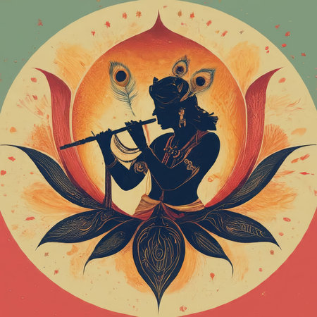 A stylized depiction of a deity playing the flute amidst vibrant floral patterns.の素材