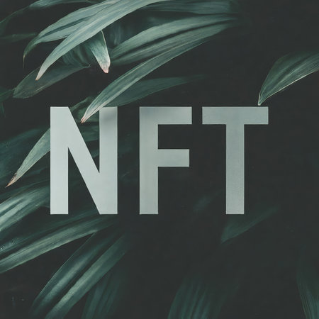 The image features the acronym 'NFT' prominently displayed in large white letters against a dark background with green palm leaves partially visible.の素材
