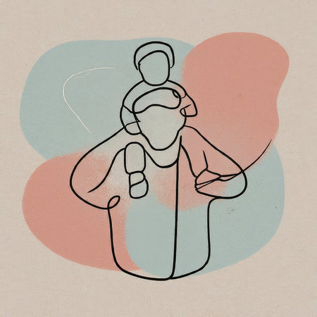 A minimalist line drawing of a person holding another figure on their shoulders.の素材